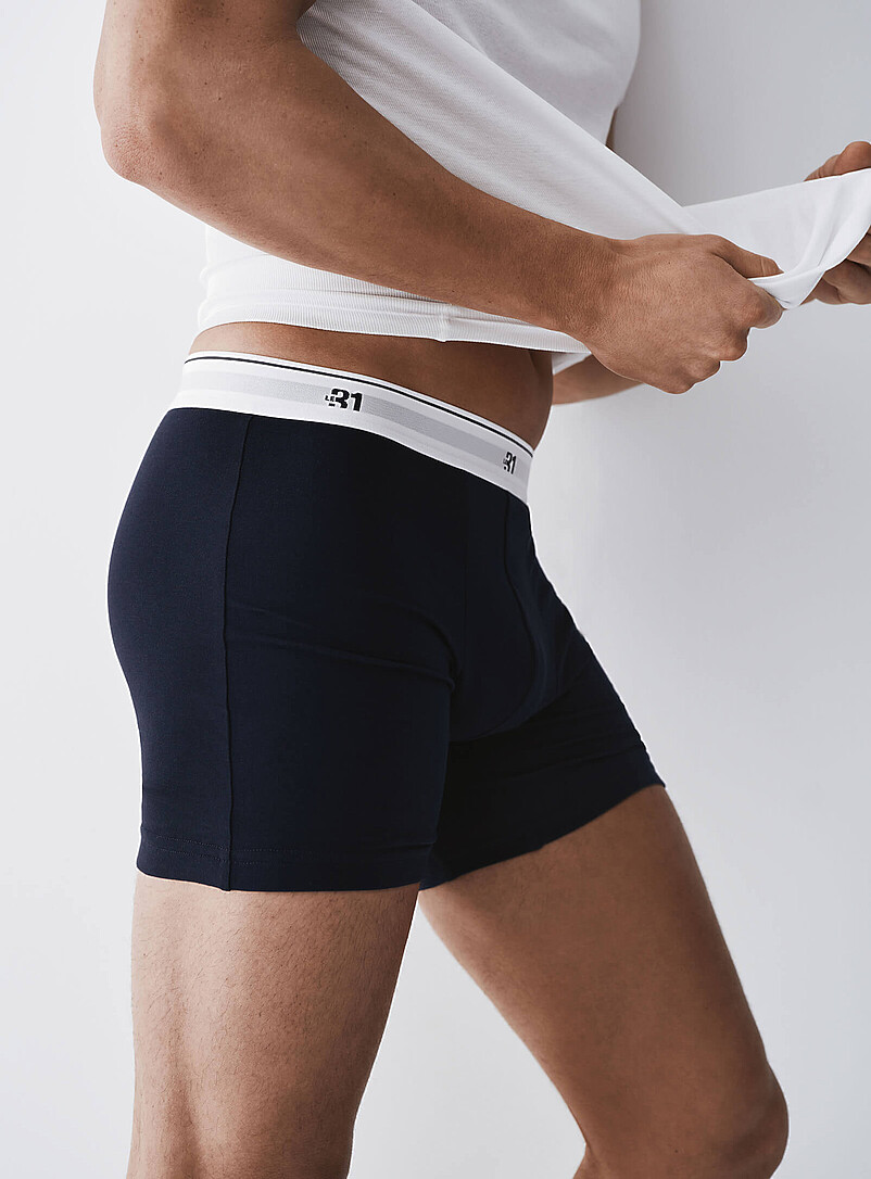 Le 31: Les boxeurs longs classiques taille logo 5 po Coton biologique Emballage de 3 Bleu marine - Bleu nuit pour homme