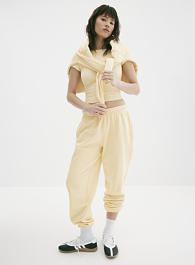 Twik Corn/Vanilla Yellow Solid cotton-fleece loose joggers for women