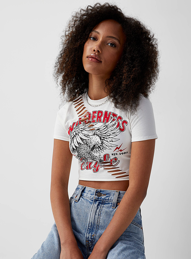 Twik White American eagle notched cropped tee for women