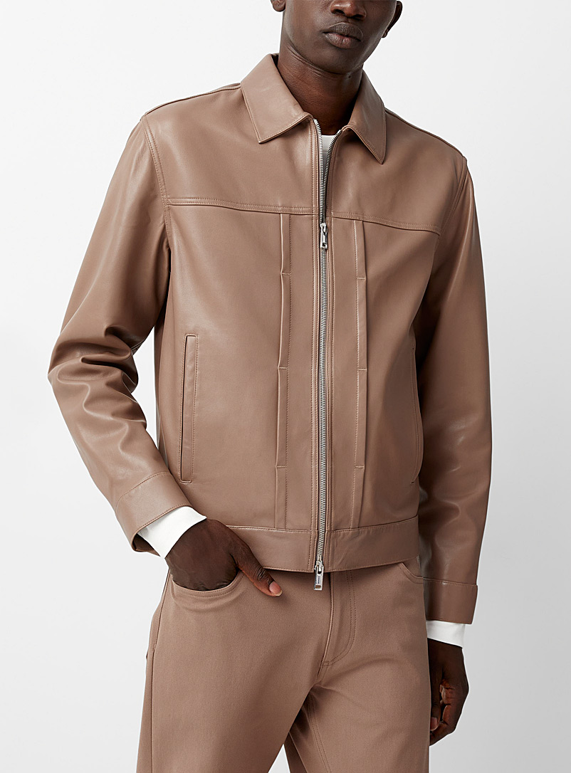 Theory Cream Beige Rhett zippered leather jacket for men