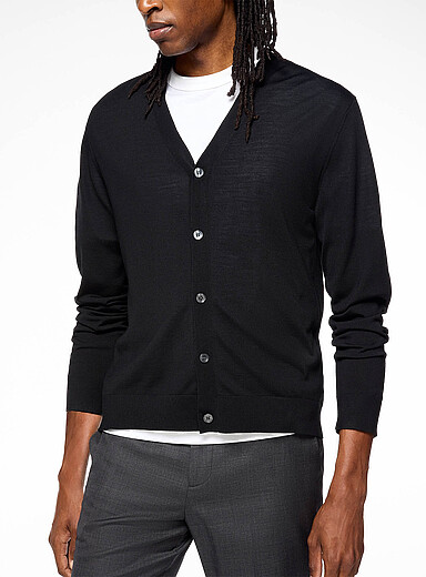 Theory Black Regal pure wool V-neck cardigan for men