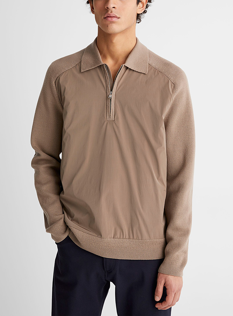 Theory Cream Beige City dual-material polo sweater for men