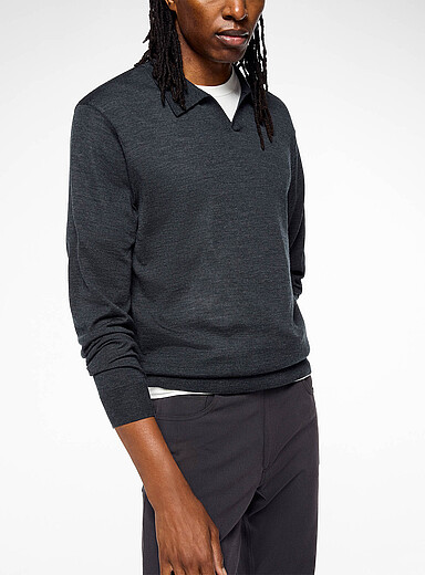 Theory Charcoal Regal Merino Johnny collar sweater for men