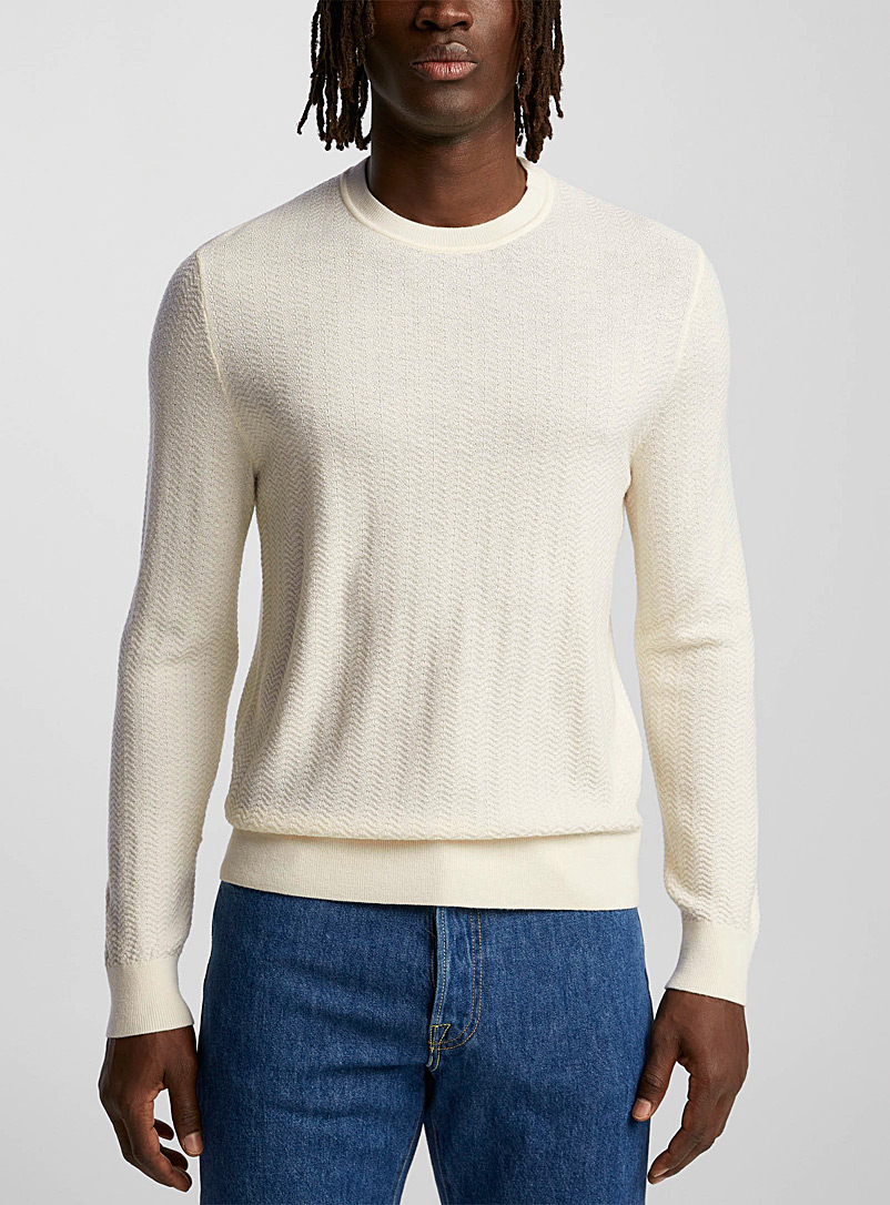 Theory White Herringbone knit merino wool sweater for men