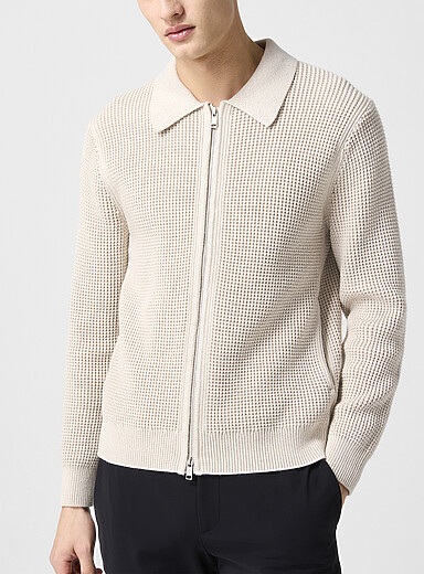 Theory: Le cardigan zipp&eacute; col polo tricot gaufr&eacute; Blanc cass&eacute; pour homme