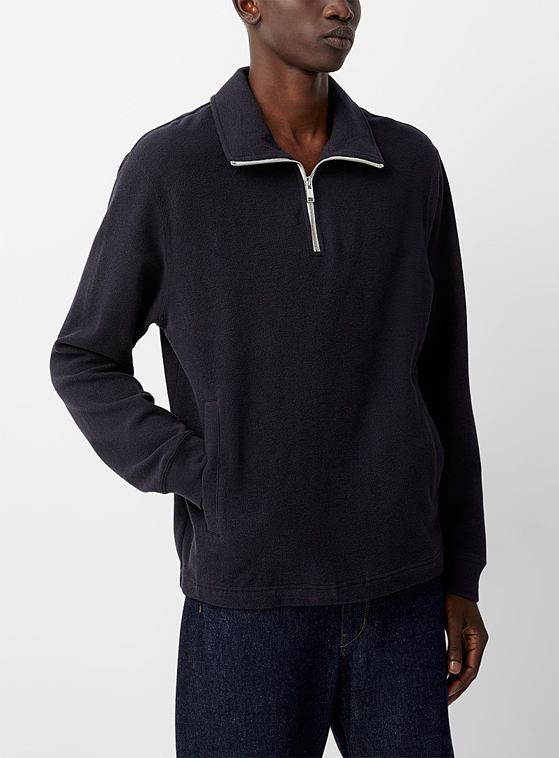 Theory Marine Blue Allons mock-neck zip terry sweatshirt for men