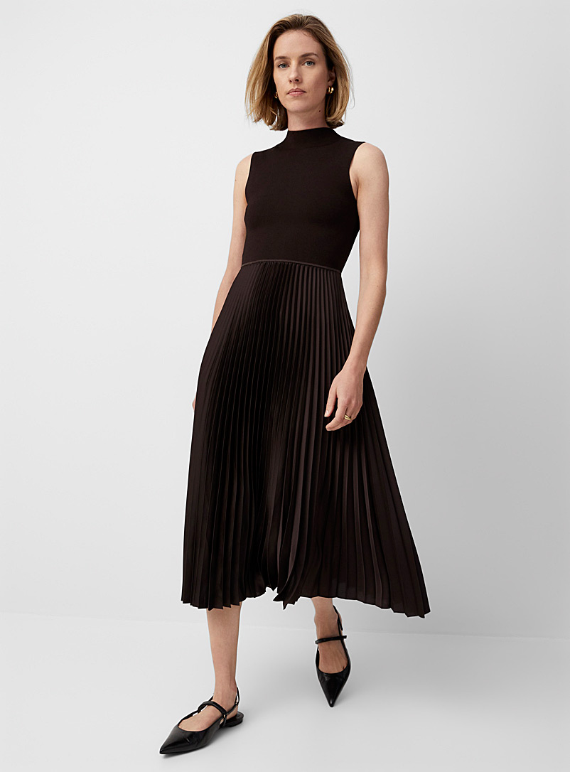 Theory Dark Brown Pleated satin and thick knit midi dress for women