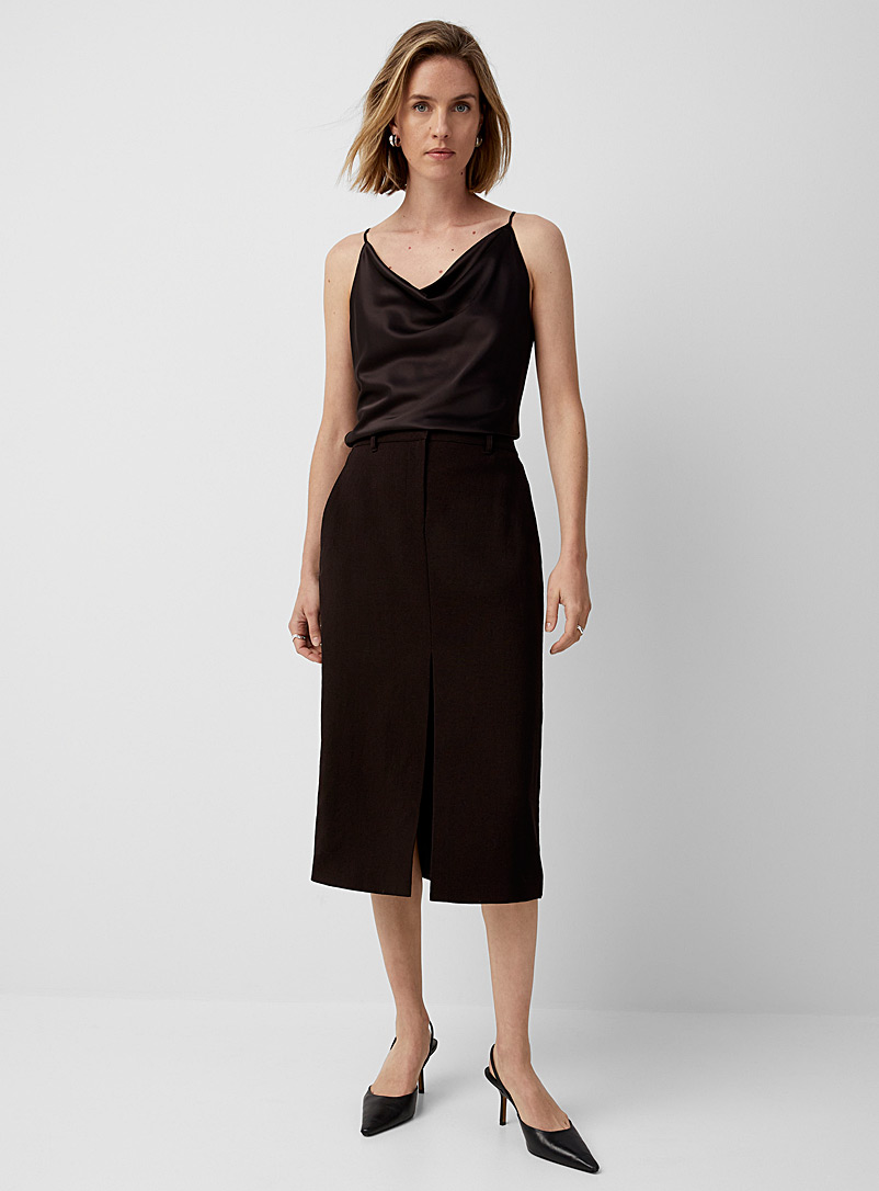 Theory Dark Brown Virgin wool mid-slit midi skirt for women
