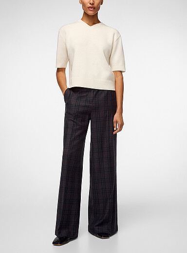 Theory Patterned Grey Plaid flannel wide-leg pant for women