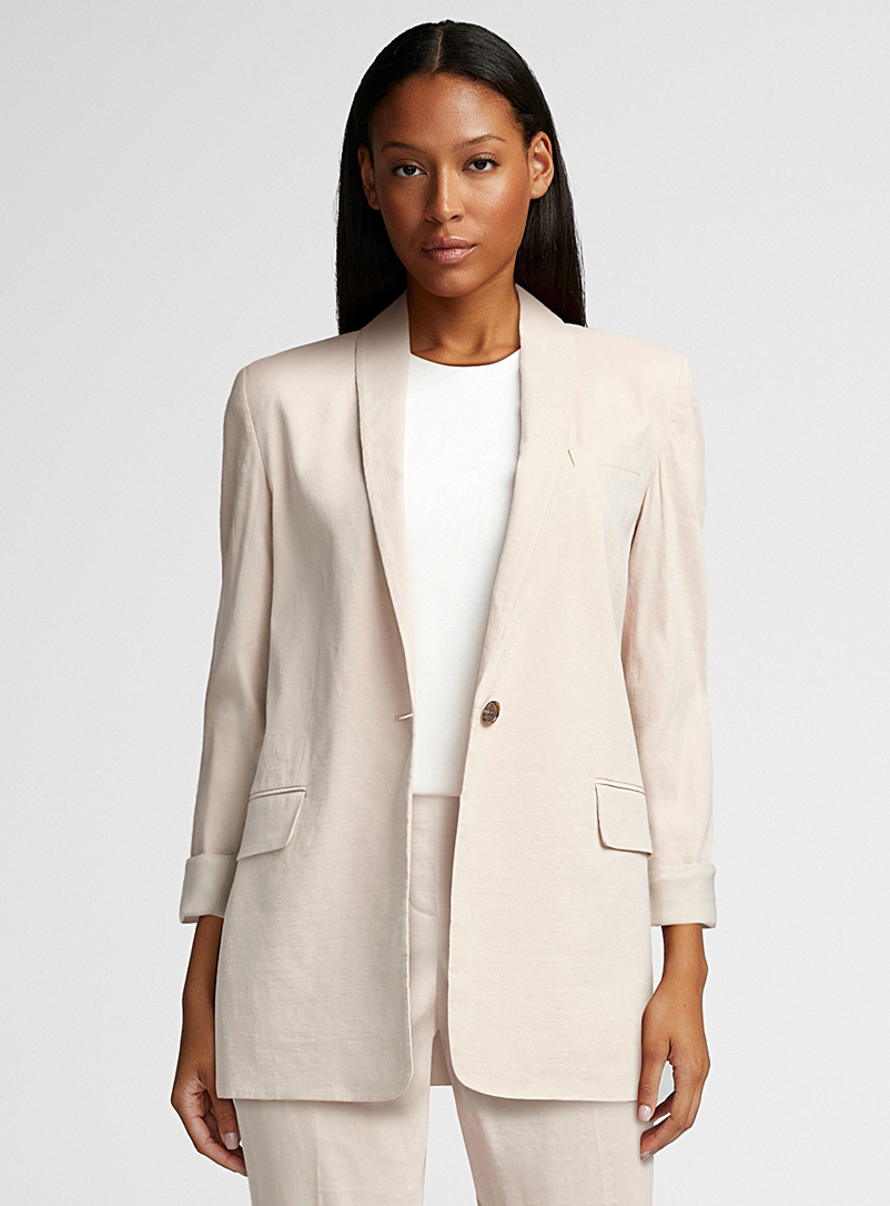 Theory Ivory/Cream Beige Rolled sleeve stretch linen blazer for women