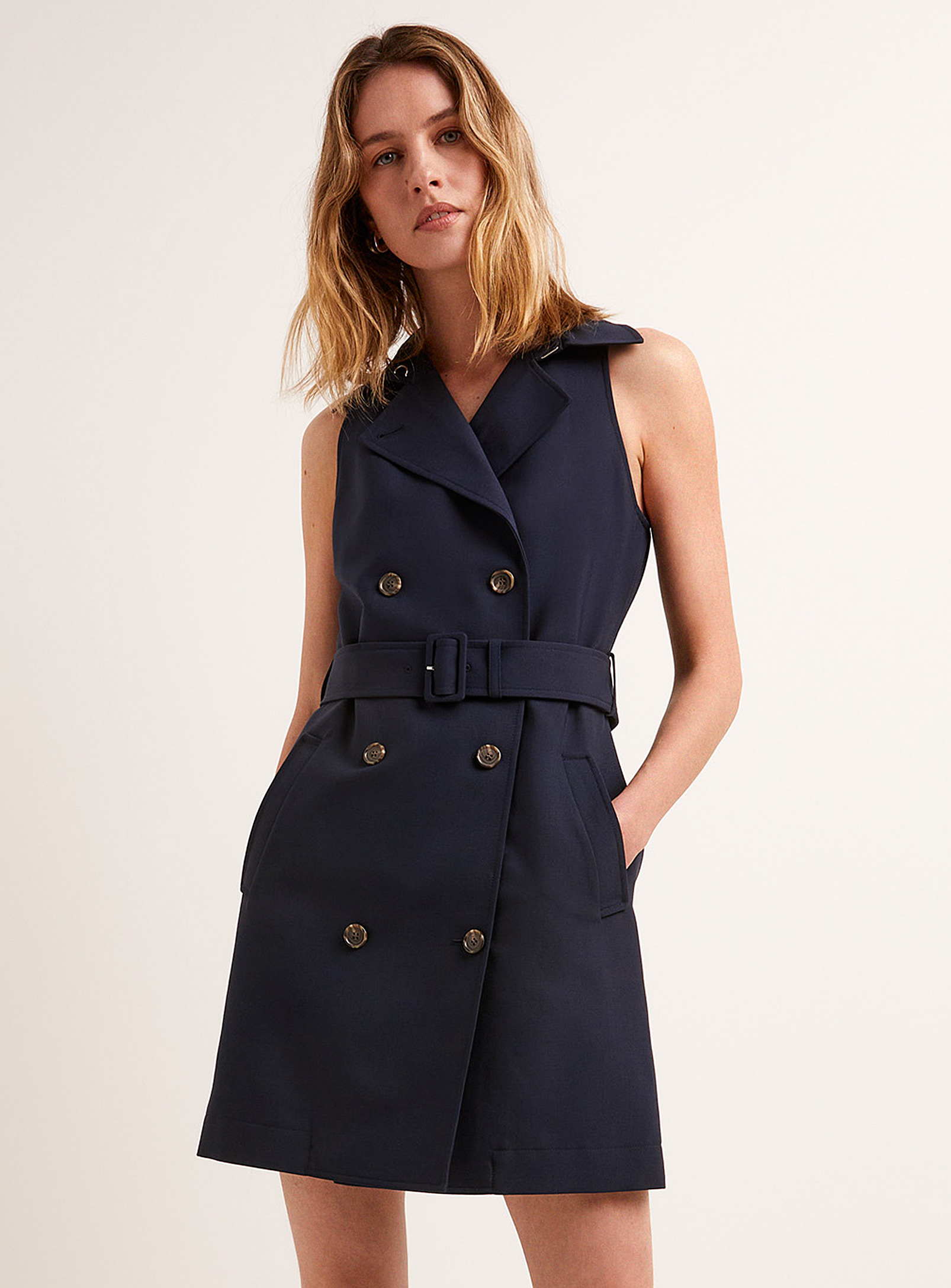 Theory Belted Navy Trench Coat Dress In Navy/midnight Blue