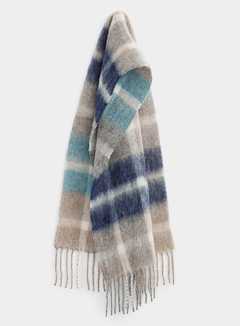 Simons Patterned Blue Block check wool scarf for women