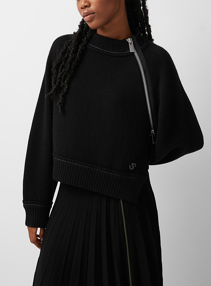 Sacai Black Slanted zipper sweater for women