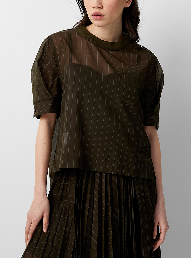 Sacai: La blouse lignée vaporeuse Kaki chartreuse pour femme