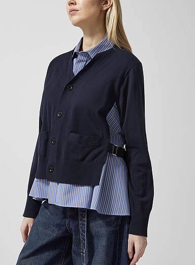Sacai: La chemise cardigan en superposition Bleu marine - Bleu nuit pour femme