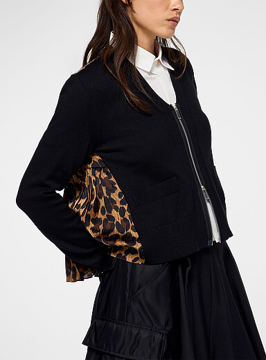 Sacai Patterned Black Leopard print voile mixed materials cardigan for women
