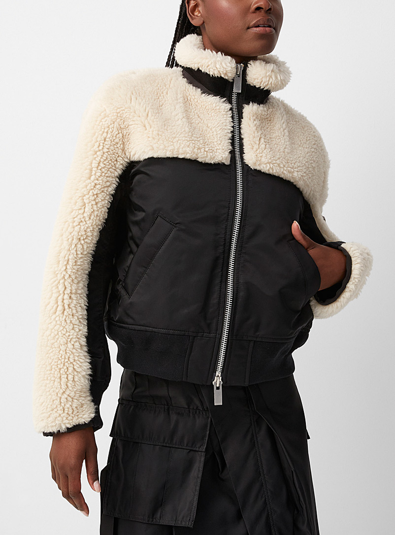 Sacai Ivory White Wool fleece bomber jacket for women