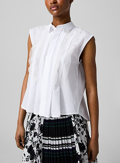 Sacai Off White Sheer ruffles pleated sleeveless shirt for women