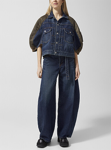 Sacai: Le jean jambe large incurv&eacute;e &agrave; ceinture Bleu pour femme