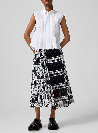 Stripes and flowers pleated midi skirt