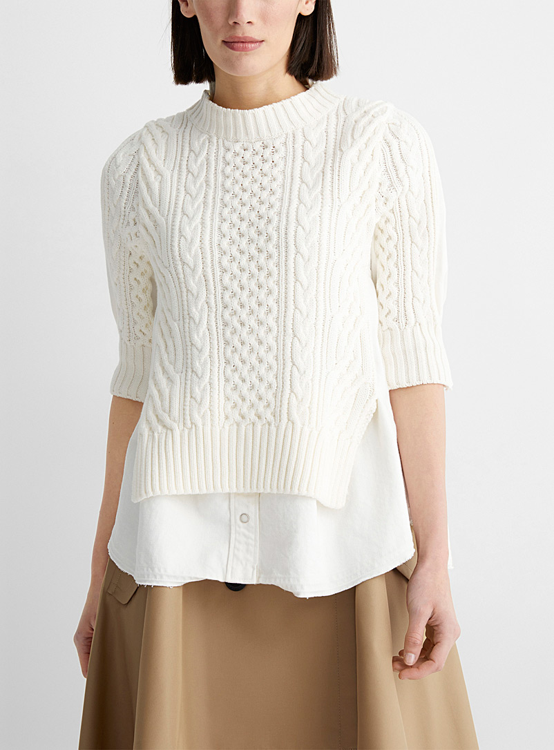 Sacai Ivory White Knit and denim hybrid sweater for women
