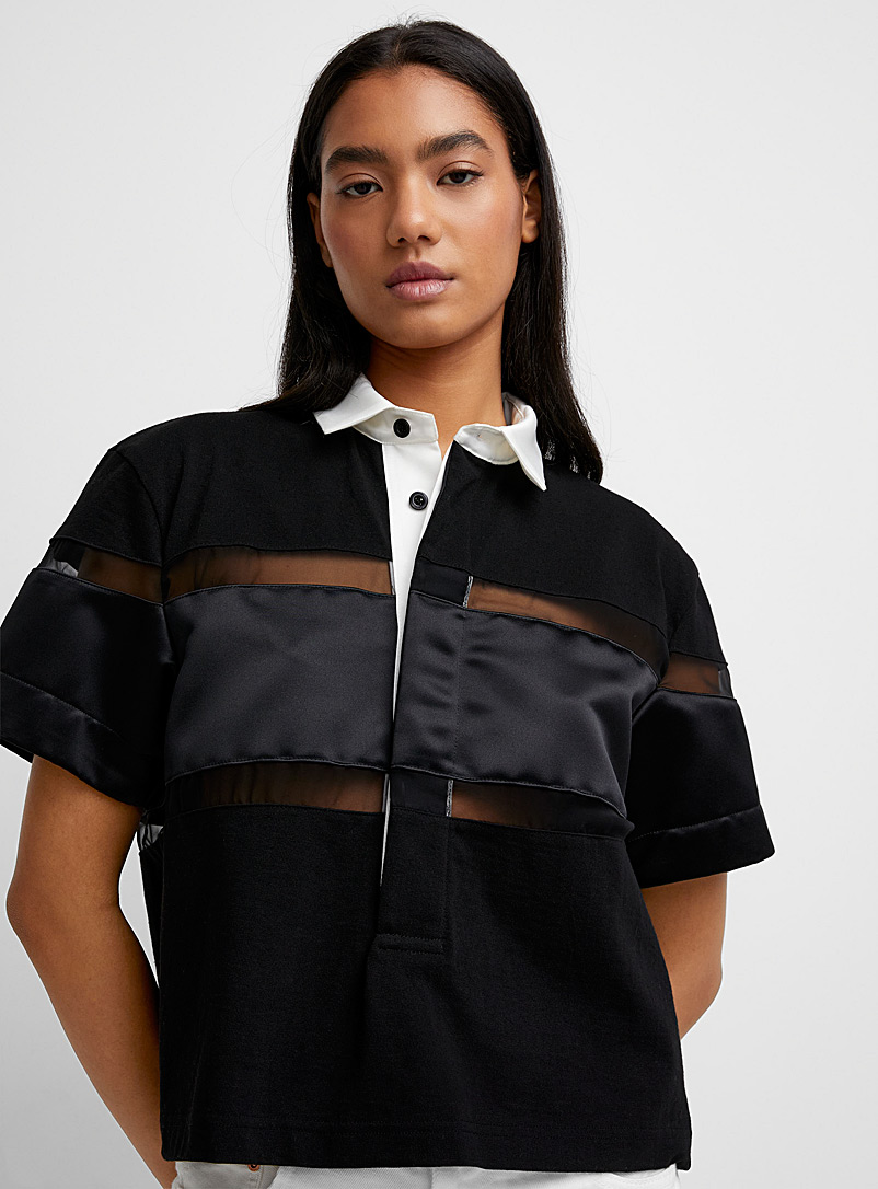 Sacai Black Touch of satin rugby polo shirt for women