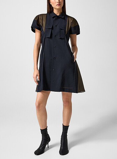 Sacai: La robe chemise &eacute;vas&eacute;e pure laine Bleu &agrave; motifs pour femme