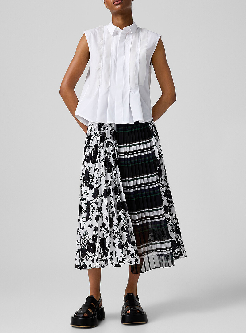 Stripes And Flowers Pleated Midi Skirt