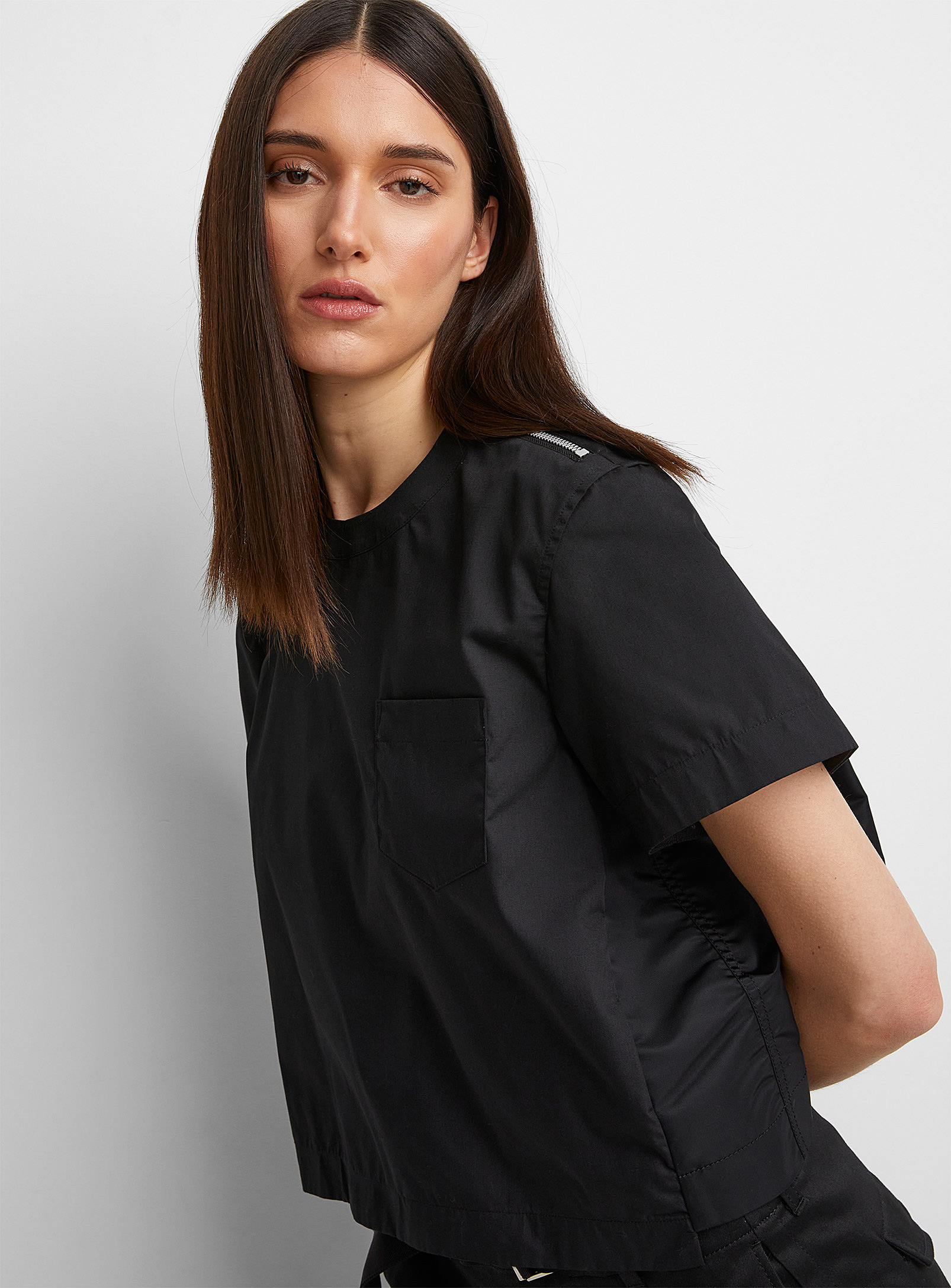 Sacai - Women's Poplin and fabric black T-shirt