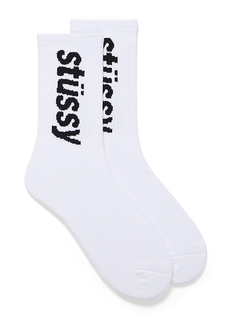 Stüssy White Helvetica jacquard logo sock for men