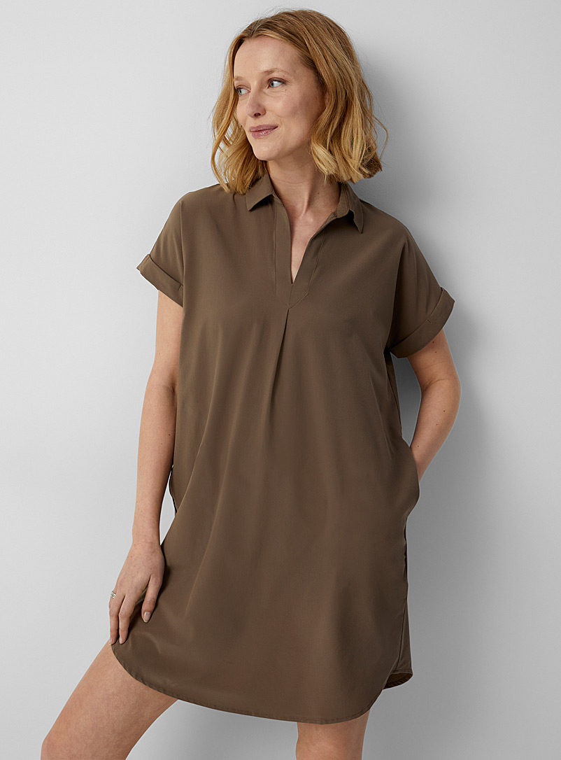 Indyeva: La robe extensible col chemise Vert foncé-mousse-olive pour femme