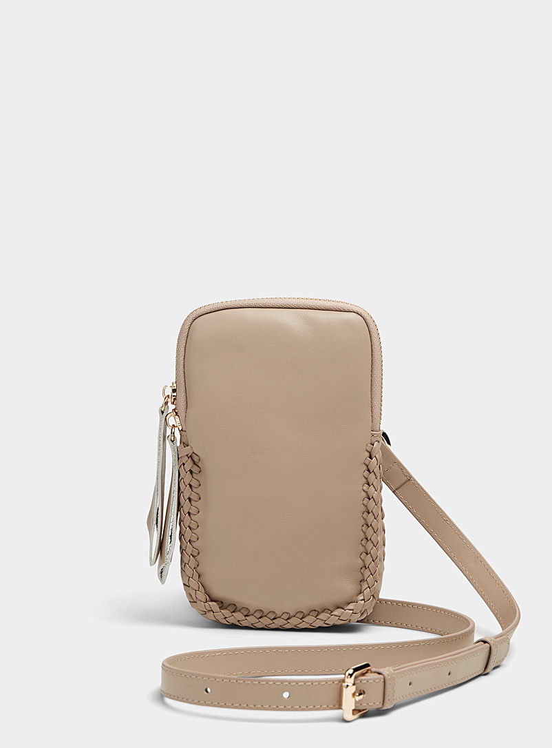Simons Taupe Braided-trim leather phone clutch Exclusive collection from Italy for women