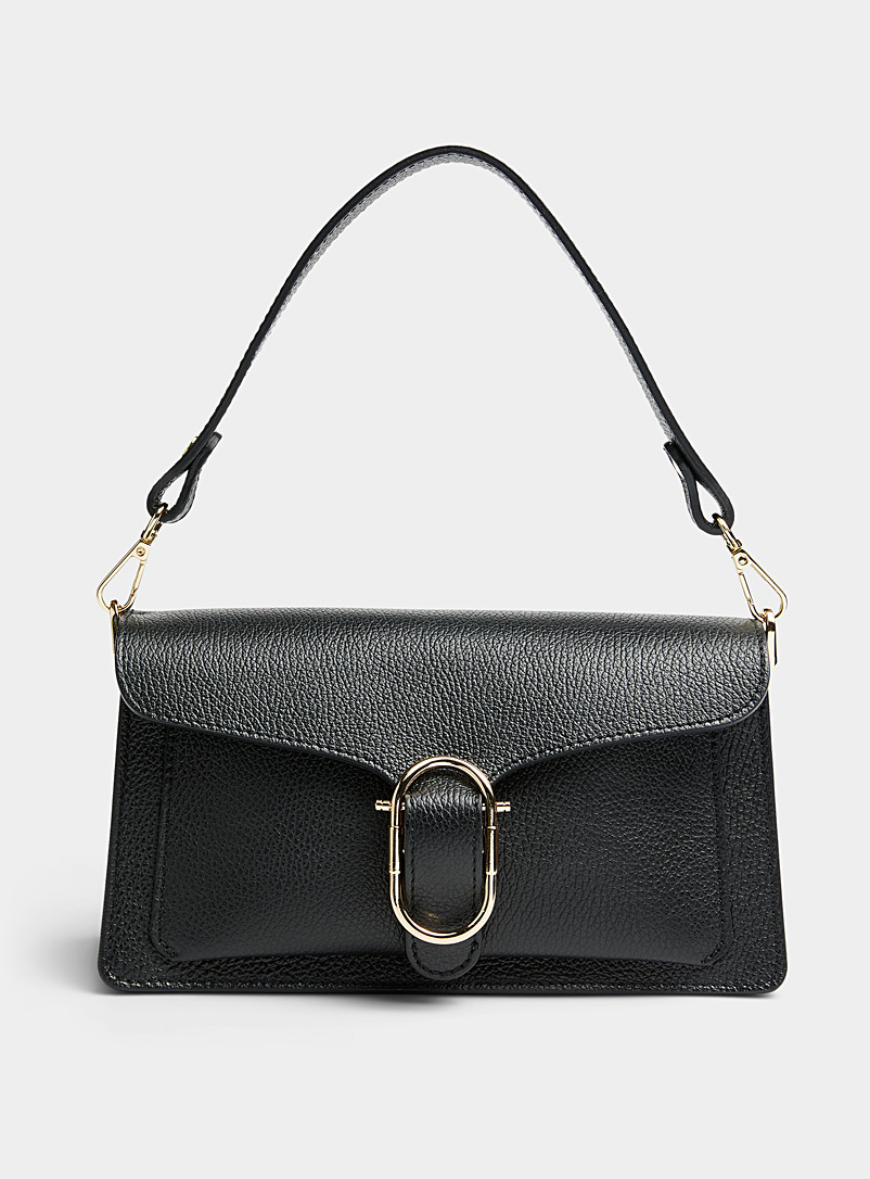 Simons Black Oval-buckle leather accordion bag for women