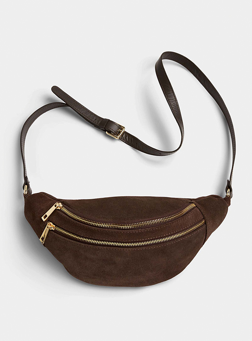 Simons Dark Brown Gold-accent suede oversized belt bag Exclusive collection from Italy for women