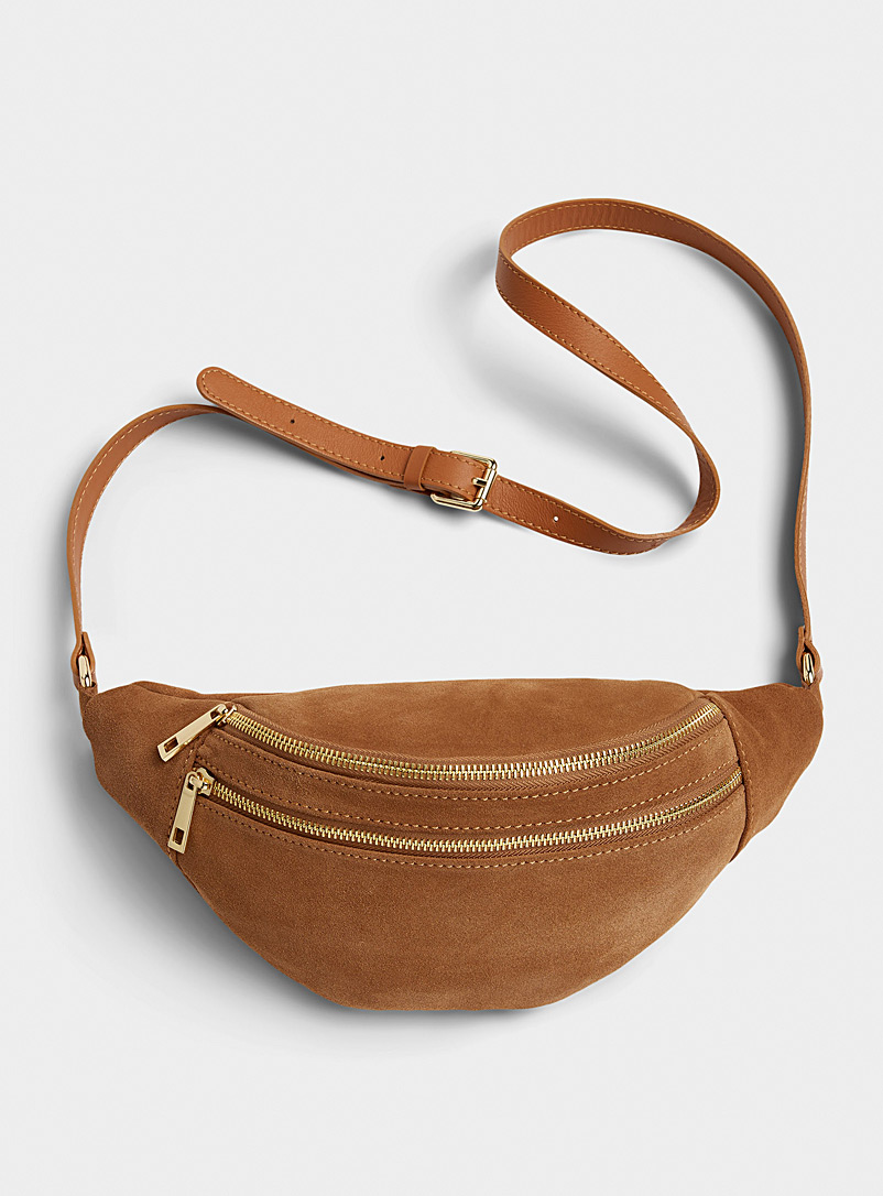 Simons Light Brown Gold-accent suede oversized belt bag Exclusive collection from Italy for women