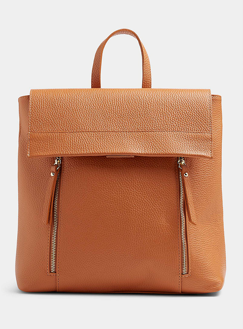 Simons Light Brown Leather square flap backpack for women