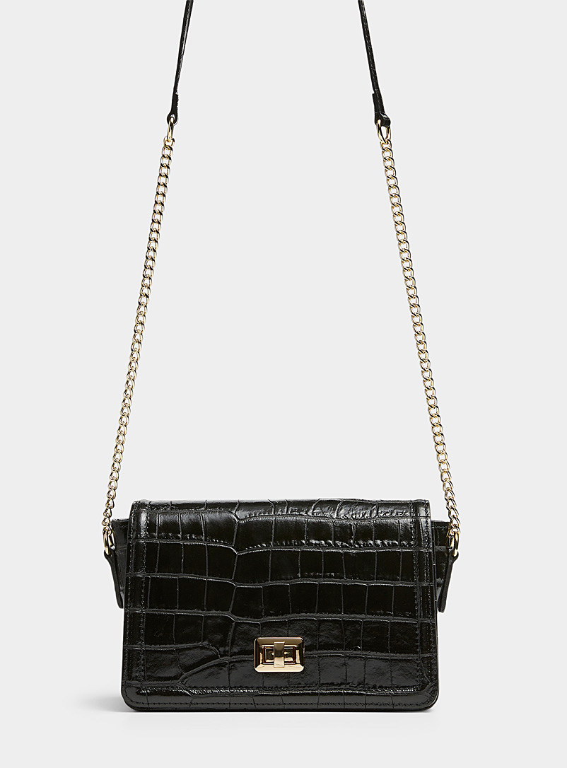 Simons Black Shiny croc leather flap bag Exclusive collection from Italy for women