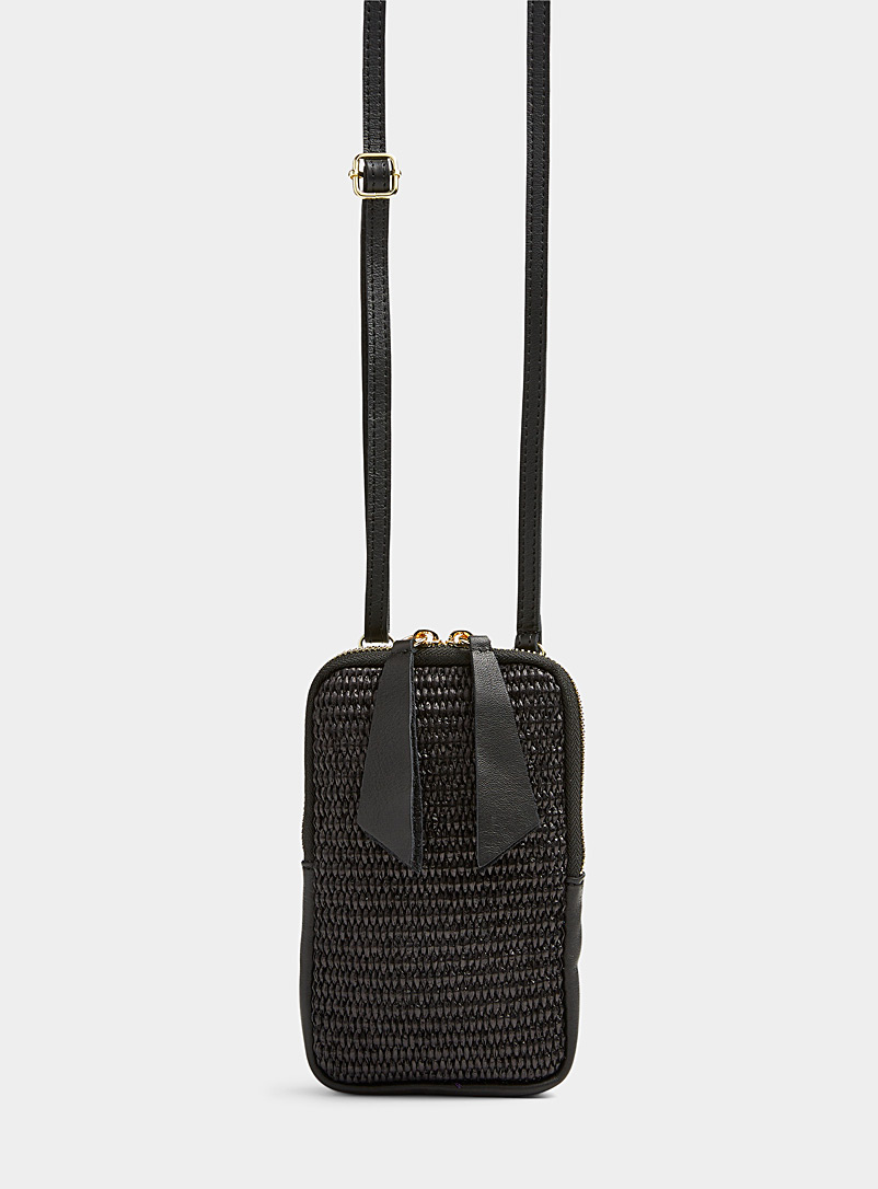 Simons Black Woven straw and leather phone clutch for women