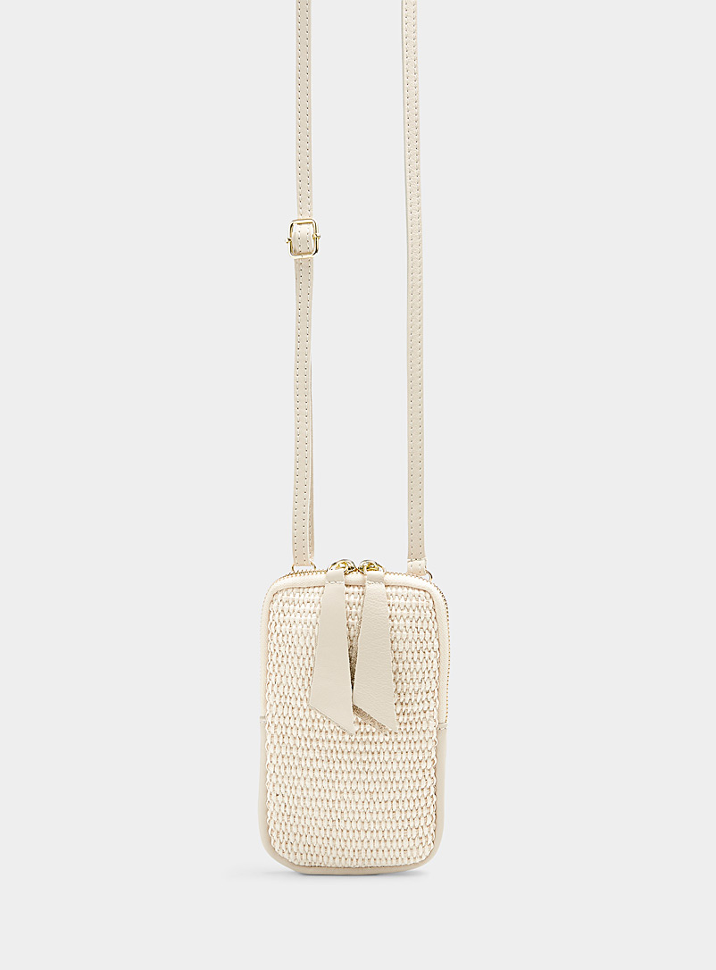 Simons Off White Woven straw and leather phone clutch for women