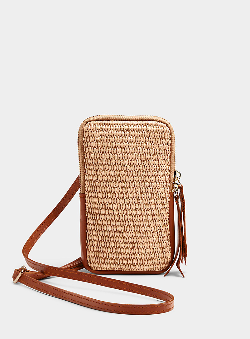 Simons Light Brown Woven straw and leather phone clutch for women