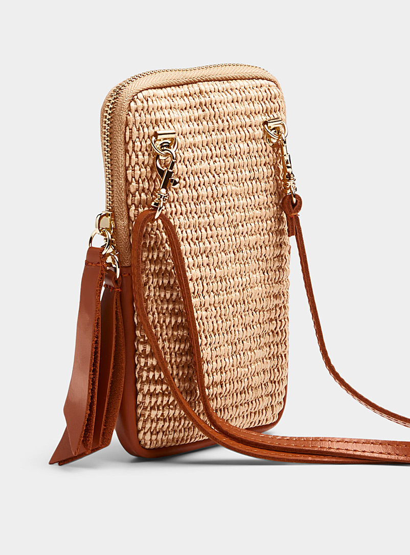 Simons: La pochette pour t&eacute;l&eacute;phone cuir et paille tiss&eacute;e <b>Collection exclusive d'Italie</b> Brun clair pour femme