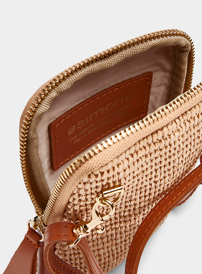 Simons: La pochette pour t&eacute;l&eacute;phone cuir et paille tiss&eacute;e <b>Collection exclusive d'Italie</b> Brun clair pour femme
