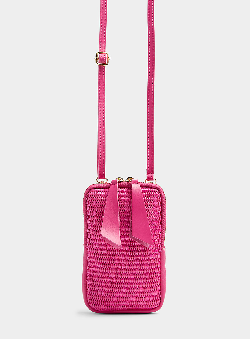 Simons Medium Pink Woven straw phone clutch for women