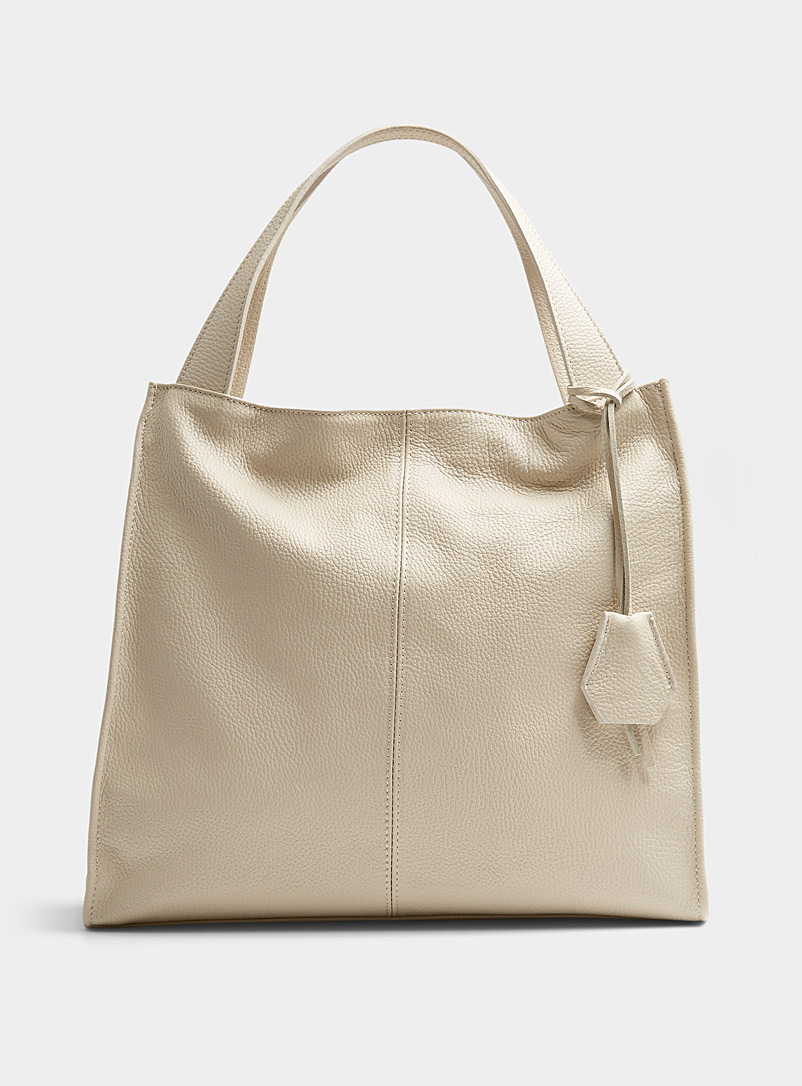 Simons Ivory/Cream Beige Square topstitched pebbled leather tote Exclusive collection from Italy for women