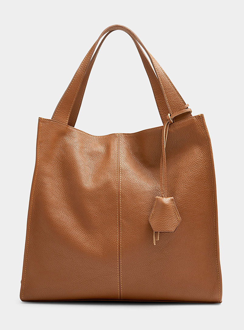 Simons Brown Square topstitched pebbled leather tote Exclusive collection from Italy for women
