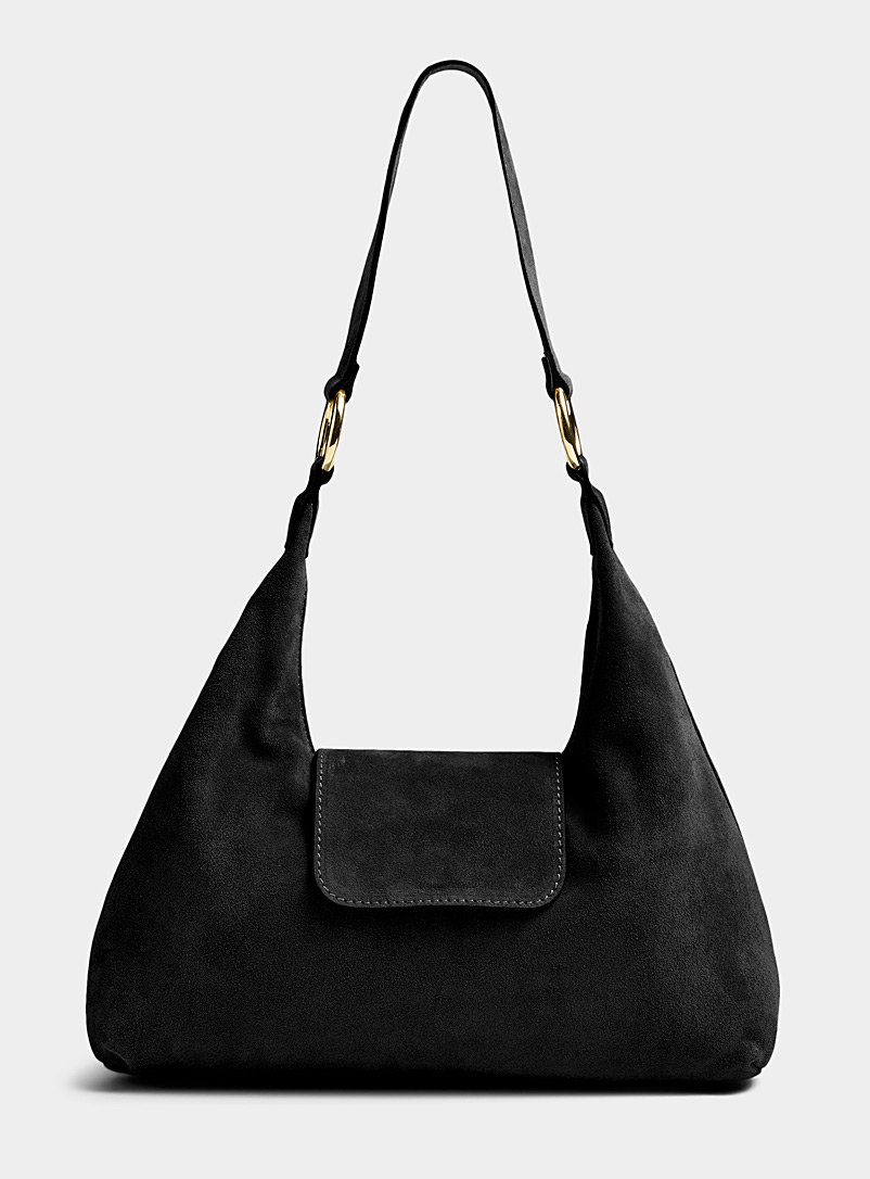 Simons Black Topstitched flap suede saddle bag Exclusive collection from Italy for women