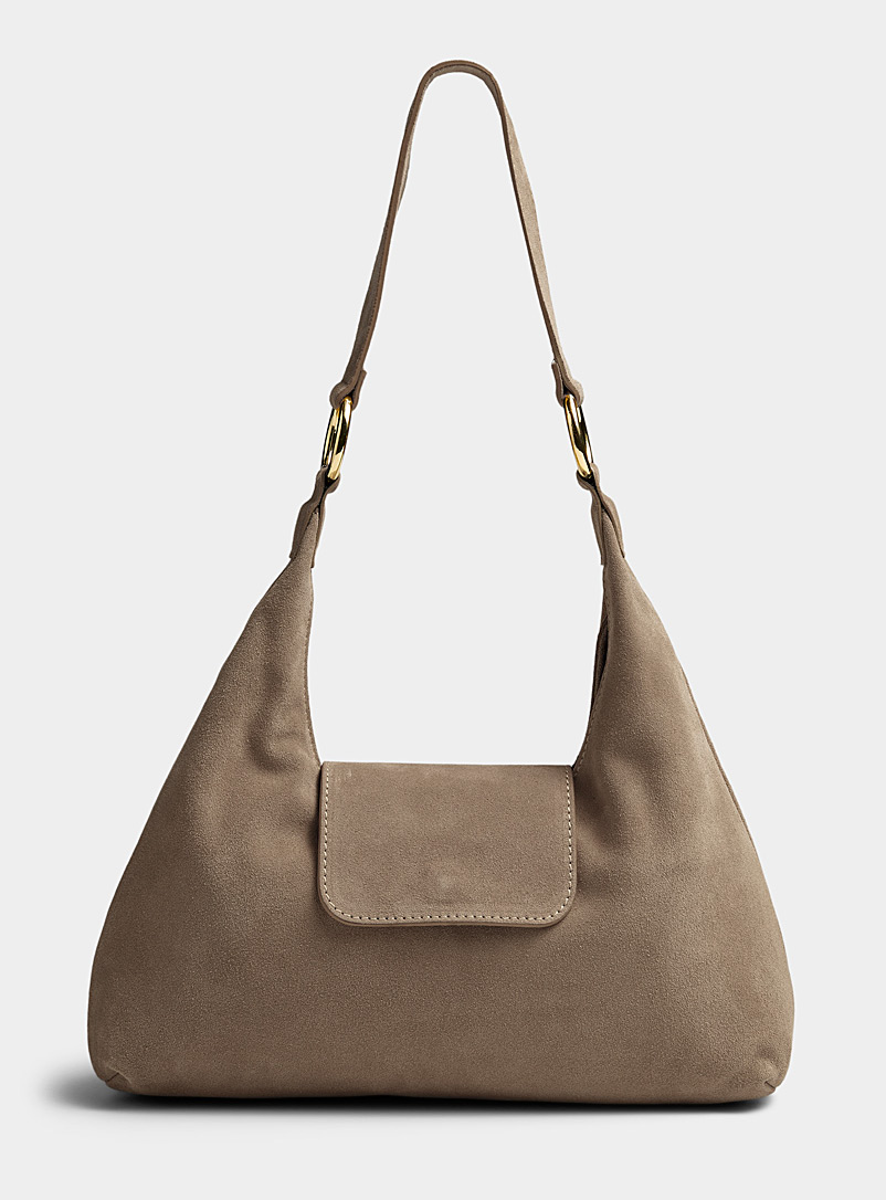 Simons Light Brown Topstitched flap suede saddle bag Exclusive collection from Italy for women