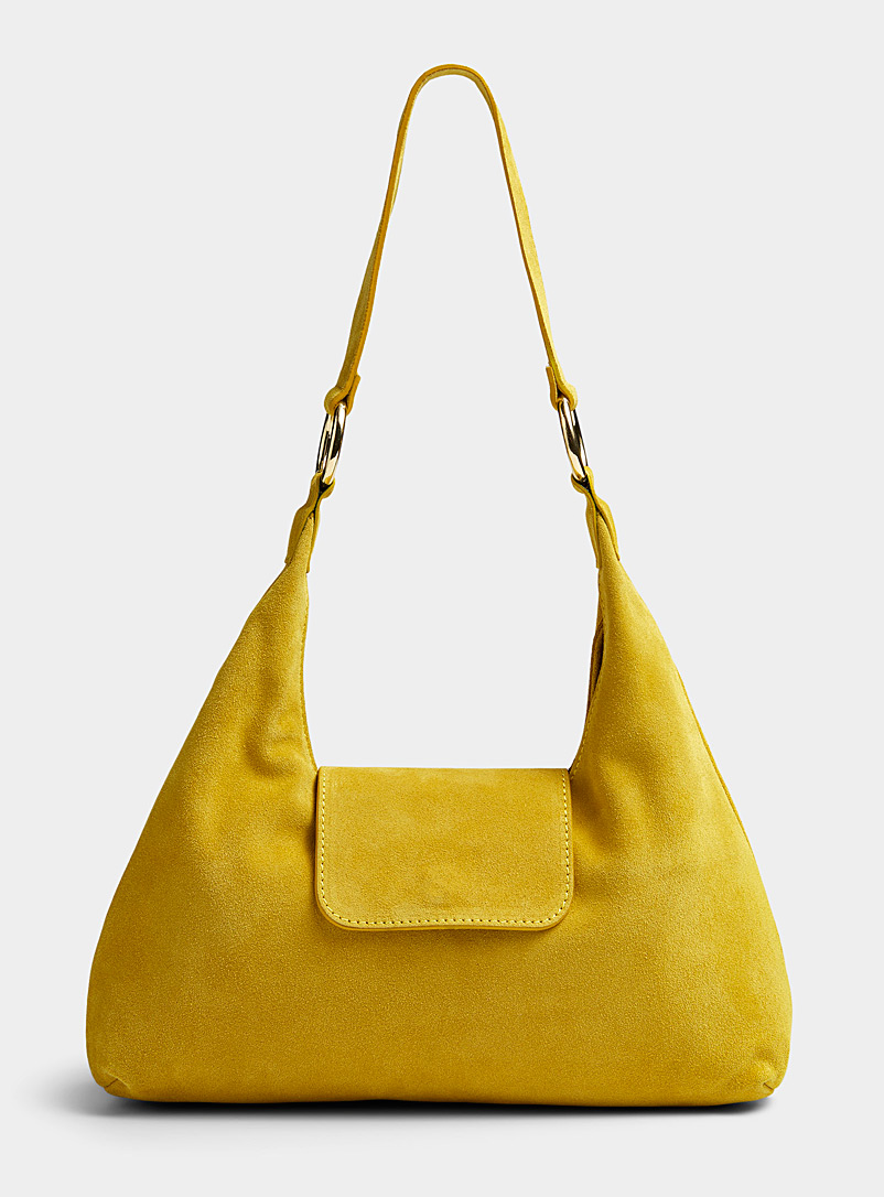 Simons Bright Yellow Topstitched flap suede saddle bag Exclusive collection from Italy for women