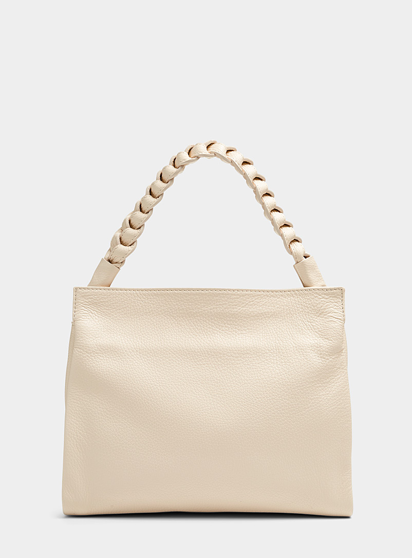 Simons Ivory White Braided handle pebbled bag for women