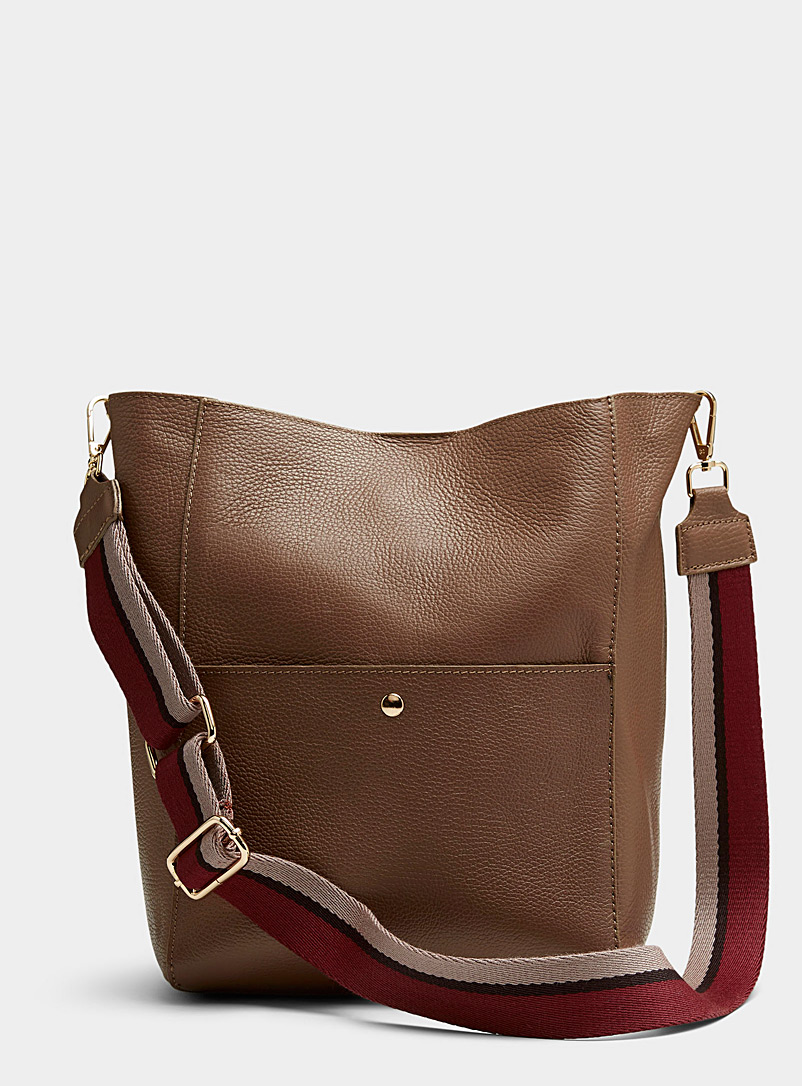 Simons Medium Brown Minimalist pebbled leather bucket bag Exclusive collection from Italy for women